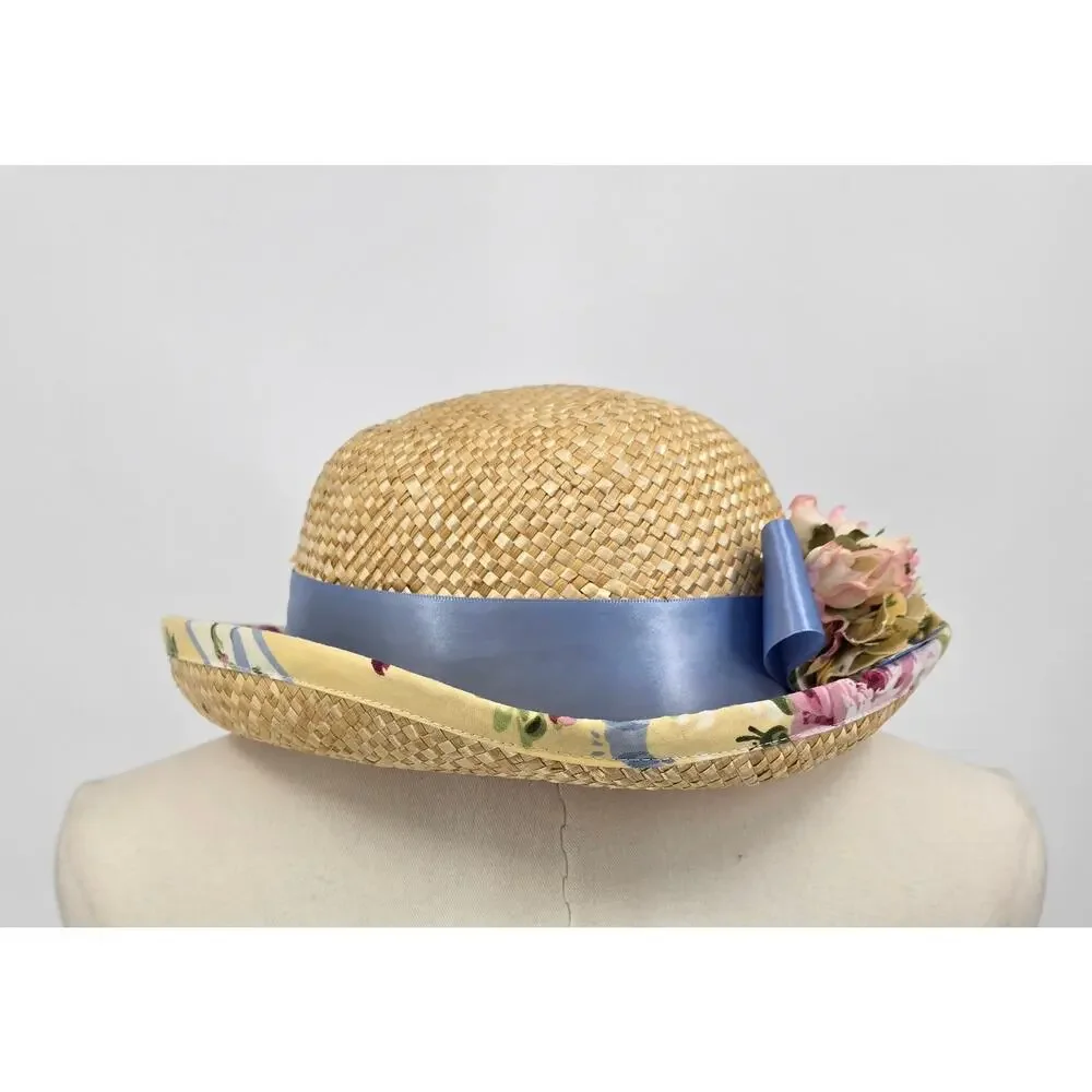 Vintage 90's Straw Hat with Floral Trim &‎ Ribbon